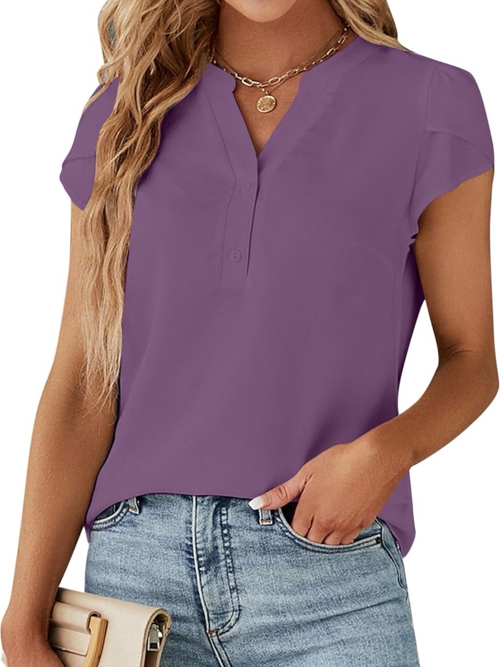 Casual Flutter Sleeve Henley Top - Mauve